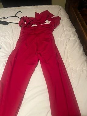 Fashion Nova Bold Red Wide-Leg Jumpsuit with Tie Shoulder